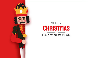 Christmas Nutcracker in paper cut style. Cute soldier toy. December Ballet party. Creative Merry Xmas invitation. Happy New Year. Space for text.