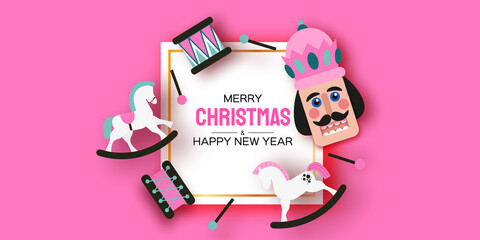 Pink Sugar Nutcracker, Drum,Rocking Horses. Merry Christmas party. Happy New Year figurine. December ballet party. Vintage toys paper craft style. Winter holidays. Space for text. © masherdraws