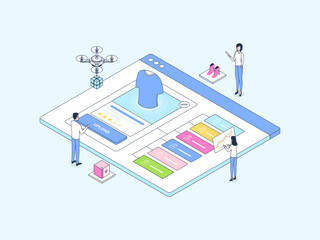 E-Commerce Catalog Upload Isometric Illustration Lineal Color. Suitable for Mobile App, Website, Banner, Diagrams, Infographics, and Other Graphic Assets.