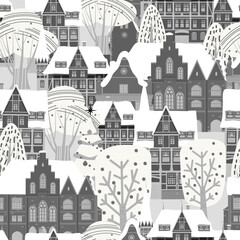 Obraz premium City Winter seamless pattern. European old architecture , houses trees snow. Vector illustration