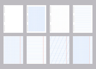 Lined paper sheet. Realistic empty school notebook page with lines grids and dots texture for homework, blank sketchbook and diary page. Vector set