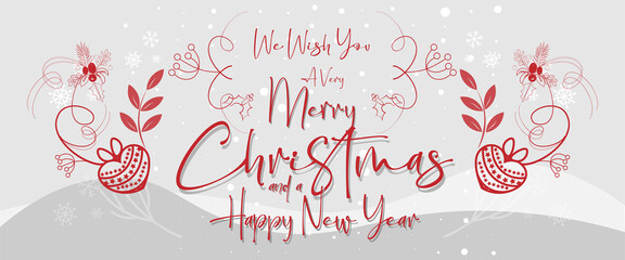 We Wish You a Verry Merry Christmas and a happy New Year - Festive holiday card design with winter landscape with snow and snowflakes - Vector Illustration.