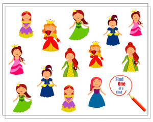 A puzzle game for kids, find the one of a kind. Girls in princess costumes, in carnival costumes. Vector