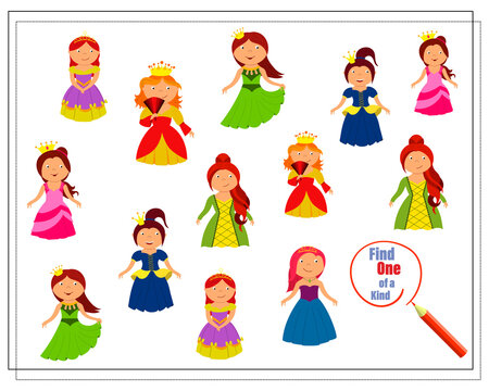 A puzzle game for kids, find the one of a kind. Girls in princess costumes, in carnival costumes. Vector