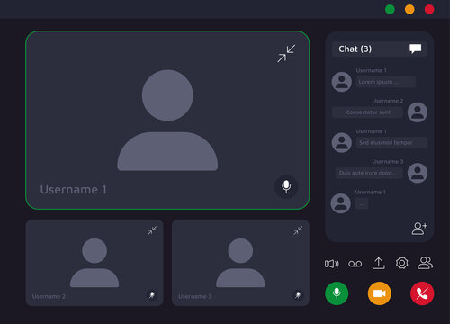 Video Conference. Online Meeting And Videocall Application User Interface With Buttons And User Screen Overlay Mockup. Vector Laptop And Mobile App Display