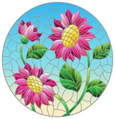 Illustration in stained glass style with a bouquet of pink flowers, flowers,buds and leaves on sky background