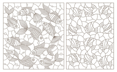 A set of contour illustrations of stained glass Windows with abstract fish, round and rectangular images, dark outlines on a white background