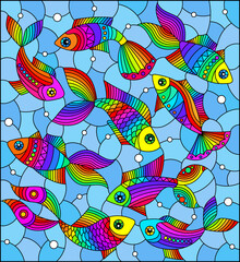 Fototapeta na wymiar Stained glass illustration with bright rainbow fish on a blue background, rectangular image