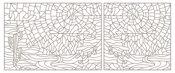 A set of contour illustrations in the style of stained glass with desert landscapes , dark contours on a white background
