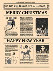 Christmas newspaper poster, old paper retro style. Greering Merrry Christmas and Happy new Year. Vector illustration decoration design