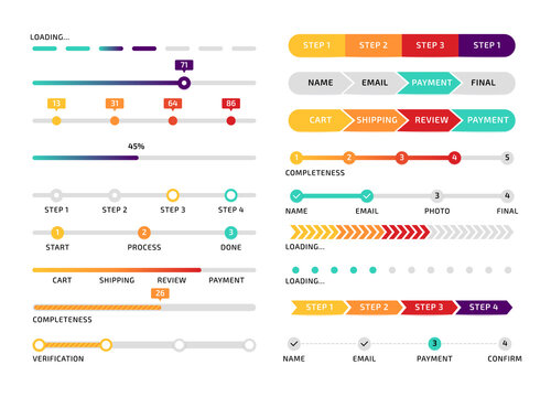 Progress bar. Step process graphic indicator design, app abstract interface element, website color download stage. Vector infographic set