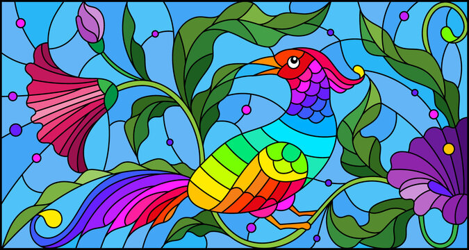 Stained glass illustration with a bright abstract bird on a background of leaves, flowers and blue sky, rectangular image