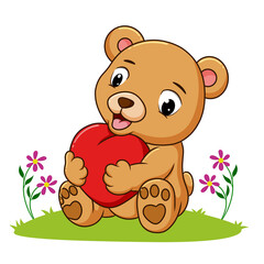 Fototapeta premium The happy bear hugging the heart doll