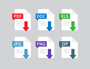 Download pdf file. Documents File Format icon. File type isolated on gray background. PDF, DOC, XLS, JPG, PNG, ZIP. Vector illustration