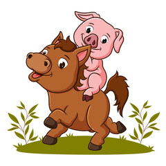 The pig and horse are playing together in the garden