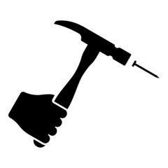 Hammer hits nail in hand claw holding Fixing and repairing working tools icon black color vector illustration flat style image