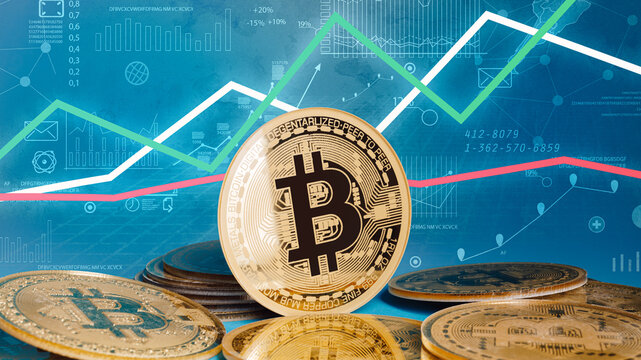 Bitcoin gold coins and defocused blue chart background. Creative cryptocurrency or blockchain trading concept. Financial market, digital gold money, IT technology and stock business banner.