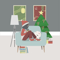 Home coziness, smiling girl sitting in armchair with dog. Vector interior illustration.
