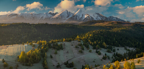 View on snow-capped mountain peaks in a beautiful, dramatic morning. Tatra Mountain, Slovakia