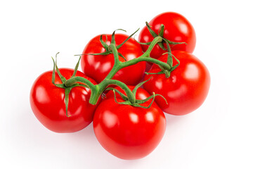 Five red tomatoes on a branch isolated on a white background. Selective focus. High quality photo