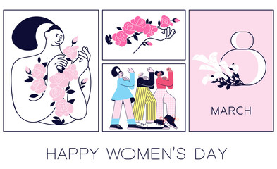 Social media banner with women celebrating spring holidays with flowers.
