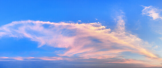 Obraz premium Pink clouds on blue sky background panoramic view, red cirrus cloud texture, beautiful colorful cloudy skies panorama, evening sunset cloudscape, sun dawn heaven, morning sunrise, cloudiness backdrop