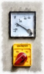 Switches and gauges of high voltage cabinets watercolor style illustration impressionist painting.