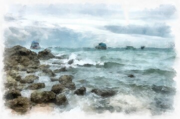 rocky beach by the sea watercolor style illustration impressionist painting.