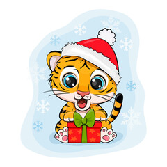Cute cartoon tiger cub with a gift on a blue background. Christmas card 