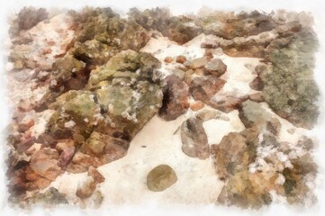 rocky beach by the sea watercolor style illustration impressionist painting.