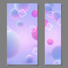Banners with blue balls and pink, purple lights  neon circle, square, cross, triangle on black background. Vector illustration for postcard, banner, cards, web, design, advertising.