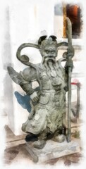 Naklejka premium ancient chinese stone statue watercolor style illustration impressionist painting.
