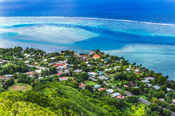 Colorful Papetoai Temple Outer Reef Blue Water Moorea Tahiti - obrazy, fototapety, plakaty