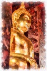 ancient golden buddha statue watercolor style illustration impressionist painting.