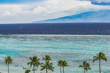 Colorful Sailboat Outer Reef Blue Water Tahiti Island From Moorea