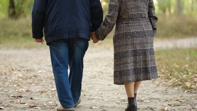 An elderly man with his elegant pensioner holding hands while walking in the park. Senior married couple dancing in autumn park, affection, happy old age