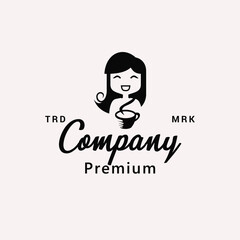 Woman Coffee Smile Classic Logo Vector Icon Illustration