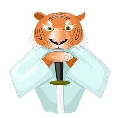 Cartoon tiger in the form of an ancient samurai warrior. Strong, courageous, balanced, powerful. Vector illustration