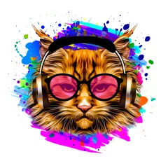 Poster abstract colored cat muzzle in eyeglasses and headphones isolated on white background with paint splashes © reznik_val