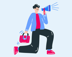 A man with a loudspeaker in his hands. Office worker businessmen. Vector illustration. Vector illustration