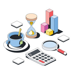 Cup of tea, hourglass, graph chart, search magnifier, calculator. Vector 3d sketch line isometric style, color icon illustration. Creative design idea and infographics elements.