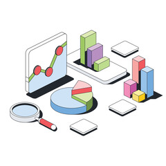 Charts and charts, investments and analytics, magnifier search. Vector 3d sketch line isometric style, color icon illustration. Creative design idea and infographics elements.