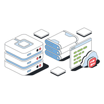 Database storage server, text box, cloud technology. Vector 3d sketch line isometric style, color icon illustration. Creative design idea and infographics elements.