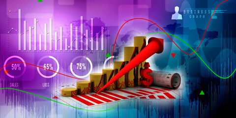 3d rendering Stock market online business concept. business Graph with gold coin near dollar