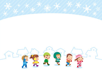 Obraz na płótnie Canvas 雪の降る街を駆け抜ける可愛い小さな子供たちのイラスト　フレーム　コピースペース　テンプレート