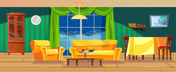 Empty cosiness living room retro interior with evening winter landscape through window