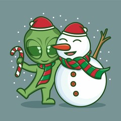 cute cartoon alien with snowman on christmas. vector illustration for mascot logo or sticker
