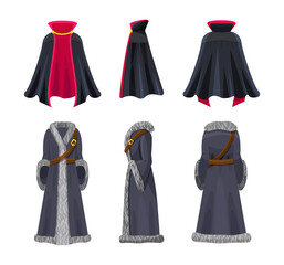 Cloak costume set front, back and side view. Clothes accessory of vampire and king or knight