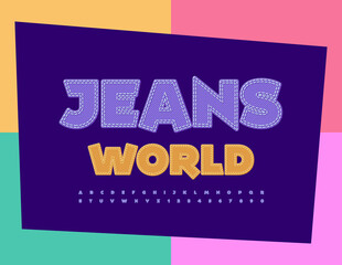 Vector fashionable sign Jeans World. Creative Alphabet Letters and Numbers set. Modern purple Font