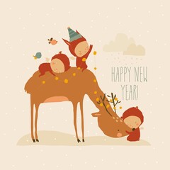Cartoon Little Angels celebrating Holiday with Cute Deer